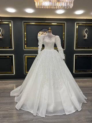 Timeless High-Neck Ball Gown Wedding Dress with Embroidered Illusion Bodice and Sheer Long Sleeves