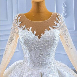 White Tulle Beaded Long Sleeve Embroidered Flower Wedding Dress