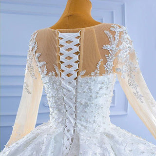 White Tulle Beaded Long Sleeve Embroidered Flower Wedding Dress