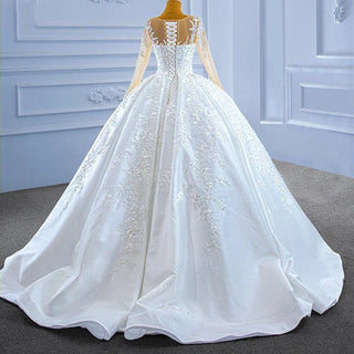 White Tulle Beaded Long Sleeve Embroidered Flower Wedding Dress