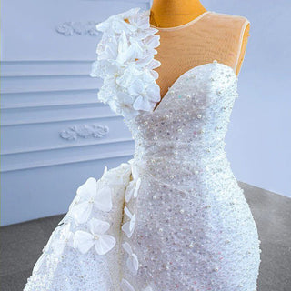 Elegant Flower Sleeveless Sequined Beaded Wedding Dress for Women