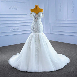 White Lace Pearls Sequins Sexy Mermaid Wedding Dress with Detachable Train