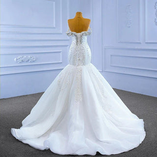 White Lace Pearls Sequins Sexy Mermaid Wedding Dress with Detachable Train