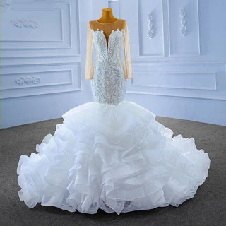 White Ruffle Embroidery Long Sleeve Mermaid Wedding Dress