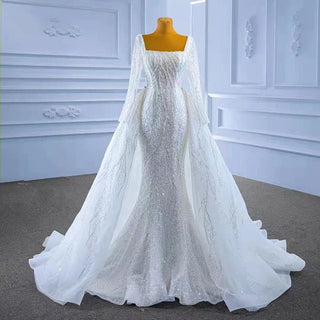 Shiny Bling White Sequin Mermaid Wedding Dress with Detachable Train