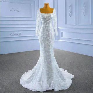 Shiny Bling White Sequin Mermaid Wedding Dress with Detachable Train