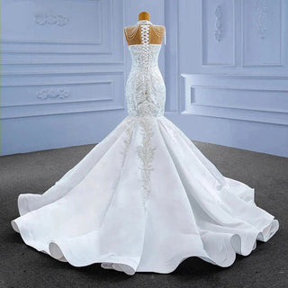 Glamorous High Neck Embroidered Mermaid Wedding Dress with Train