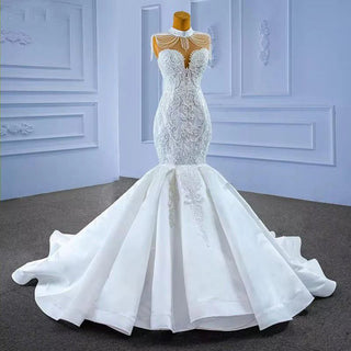 Glamorous High Neck Embroidered Mermaid Wedding Dress with Train