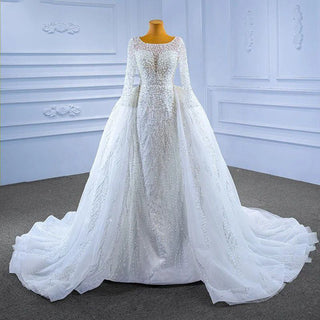 Sexy Long Sleeve Pearls Mermaid Wedding Gown with Detachable Train