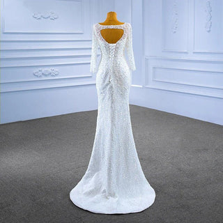 Sexy Long Sleeve Pearls Mermaid Wedding Gown with Detachable Train