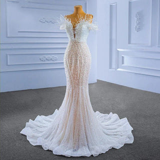 Modest Lace Sequin Pearl Mermaid Wedding Dress for Women