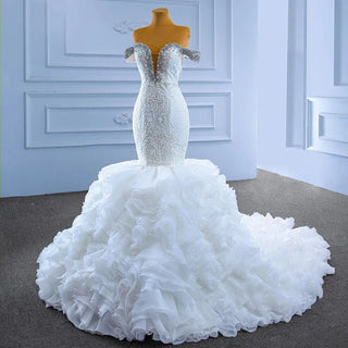 Ruffle Embroidery Off-Shoulder Sequin Bridal Gown Wedding Dress