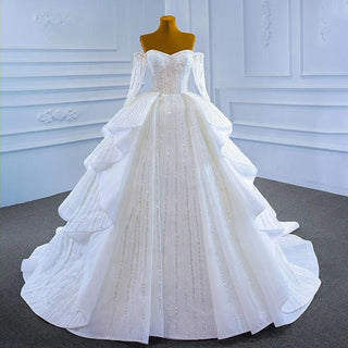 White Sweetheart Neckline Ruched Long Sleeve Wedding Dress