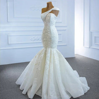 One Shoulder Crystal Lace Wedding Dress - Robe De Mariage