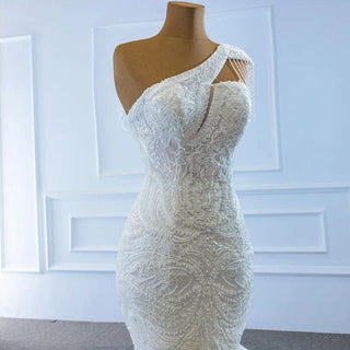 One Shoulder Crystal Lace Wedding Dress - Robe De Mariage