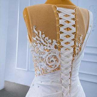 Luxury White Crystal Pearls Mermaid Sleeveless Wedding Dress