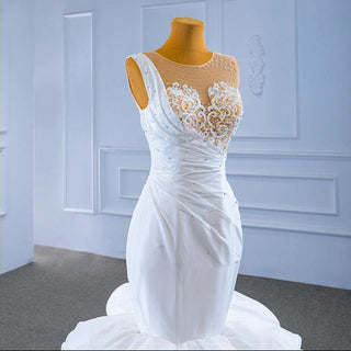 Luxury White Crystal Pearls Mermaid Sleeveless Wedding Dress