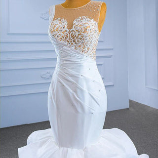 Luxury White Crystal Pearls Mermaid Sleeveless Wedding Dress