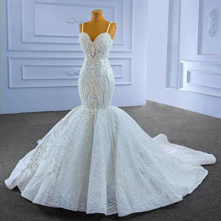 White Spaghetti Strap Mermaid Wedding Bridal Gowns Dress