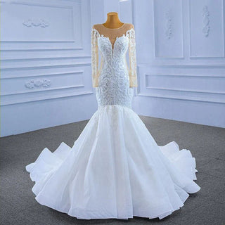 Elegant Mermaid Lace-Up Long Sleeve V-Neck Bridal Gown Wedding Dress