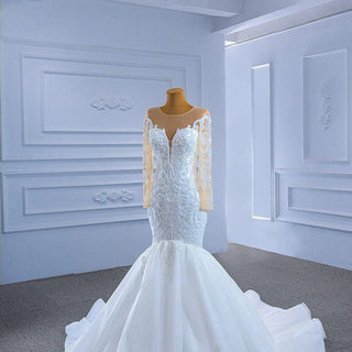 Elegant Mermaid Lace-Up Long Sleeve V-Neck Bridal Gown Wedding Dress