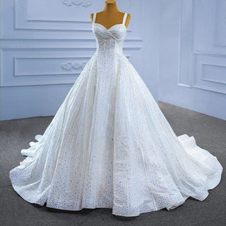 Luxury White Lace Spaghetti Strap Beaded Backless Wedding Dress