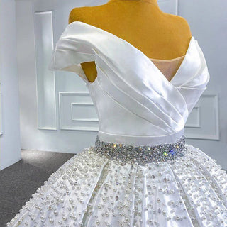 Crystal Pearls Ruched Off-Shoulder Bridal Wedding Ball Gown Dress