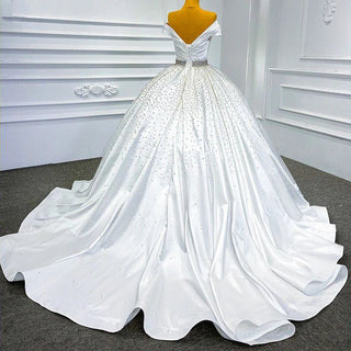 Crystal Pearls Ruched Off-Shoulder Bridal Wedding Ball Gown Dress