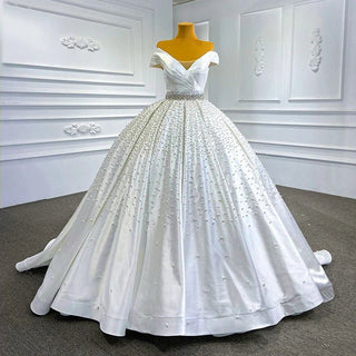 Crystal Pearls Ruched Off-Shoulder Bridal Wedding Ball Gown Dress