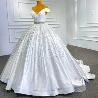 Crystal Pearls Ruched Off-Shoulder Bridal Wedding Ball Gown Dress