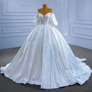 Crystal Sequins Beaded Flare Sleeve Ball Gown Wedding Dresses