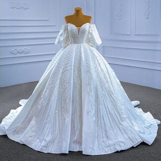 Crystal Sequins Beaded Flare Sleeve Ball Gown Wedding Dresses