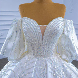 Crystal Sequins Beaded Flare Sleeve Ball Gown Wedding Dresses