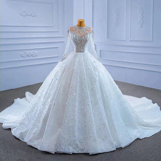 Crystal Heavy Beaded High Neck Ball Gown Wedding Dress