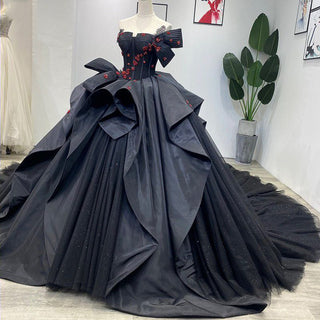 Glittering Black Flower Prom Evening Ball Gown for Women