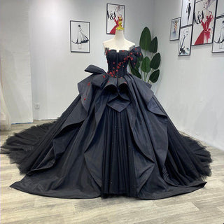 Glittering Black Flower Prom Evening Ball Gown for Women