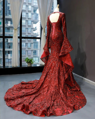 Ravishing Red Elegance: V-Neck Lace Evening Dress with Long Sleeves