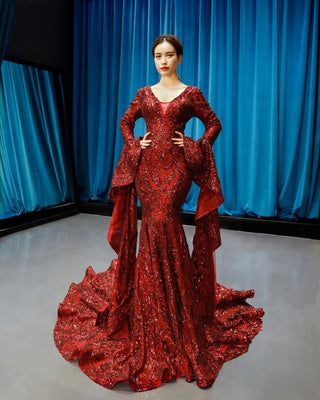 Ravishing Red Elegance: V-Neck Lace Evening Dress with Long Sleeves