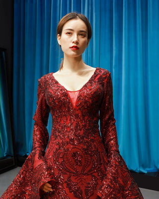 Ravishing Red Elegance: V-Neck Lace Evening Dress with Long Sleeves