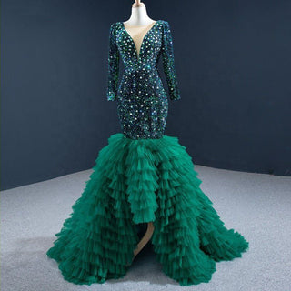 Elegance Defined: Long Sleeve Heavy Beading Green Mermaid Evening Dresses for Women