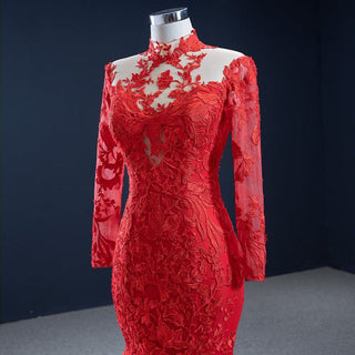 Crimson Elegance: Red Mermaid Evening Gown with Long Lace Sleeves