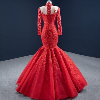 Crimson Elegance: Red Mermaid Evening Gown with Long Lace Sleeves