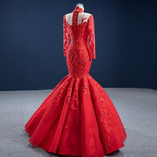 Crimson Elegance: Red Mermaid Evening Gown with Long Lace Sleeves