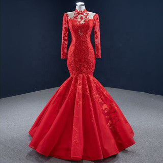 Crimson Elegance: Red Mermaid Evening Gown with Long Lace Sleeves