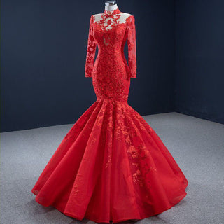 Crimson Elegance: Red Mermaid Evening Gown with Long Lace Sleeves