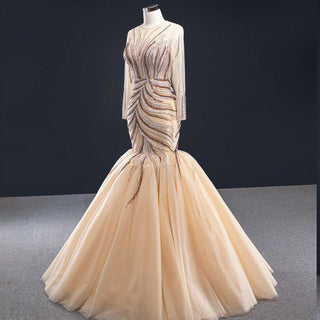 Ethereal Elegance: Champagne Crystal Beaded Mermaid Evening Gown for Ladies