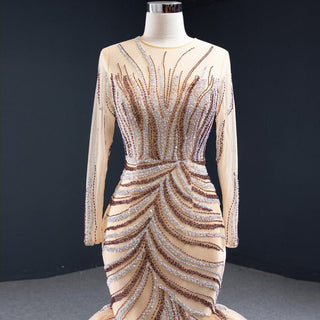 Ethereal Elegance: Champagne Crystal Beaded Mermaid Evening Gown for Ladies