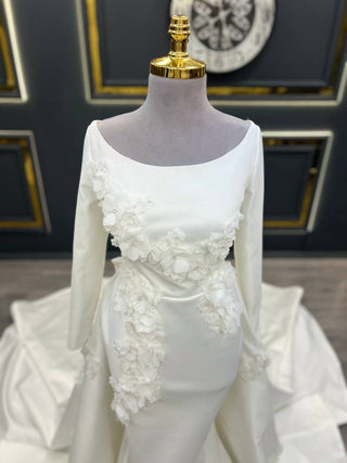 Elegant Long-Sleeve Floral Appliqué Satin Wedding Gown with Train