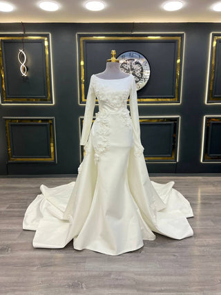 Elegant Long-Sleeve Floral Appliqué Satin Wedding Gown with Train