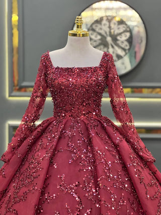 Elegant Full-Sleeve Sequin Embellished Ball Gown with Square Neckline